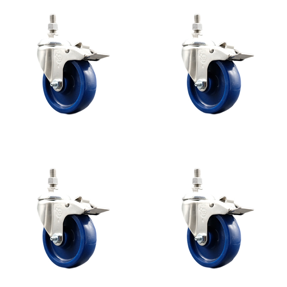 Solid Polyurethane Swivel Stem Caster with 4 in. Caster Wheels, 0.5 in. Threaded Stems - 316 Stainless Steel Casters - Set of 4