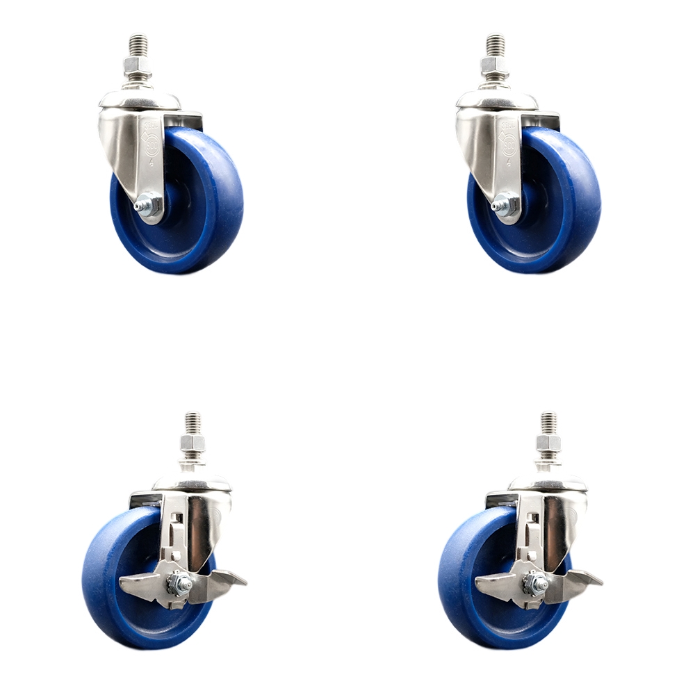 Solid Poly Swivel Stem Caster with 4 in. Caster Wheels, 10 mm Threaded Stems - 316 Stainless Steel Casters - Set of 4