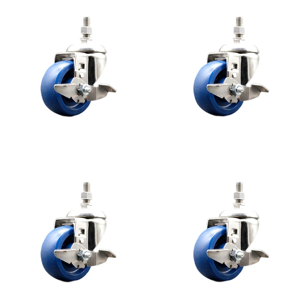 Solid Polyurethane Swivel Stem Caster with 3.5 in. Caster Wheels, 12 mm Threaded Stems - 316 Stainless Steel Casters - Set of 4