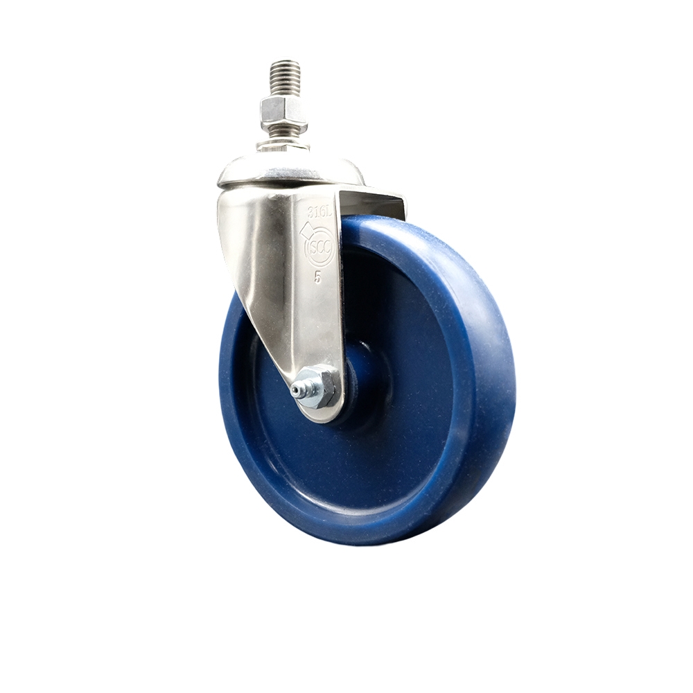 Solid Polyurethane Swivel Stem Caster with 5 in. Blue Caster Wheels, 12 mm Threaded Stem - 316 Stainless Steel Caster