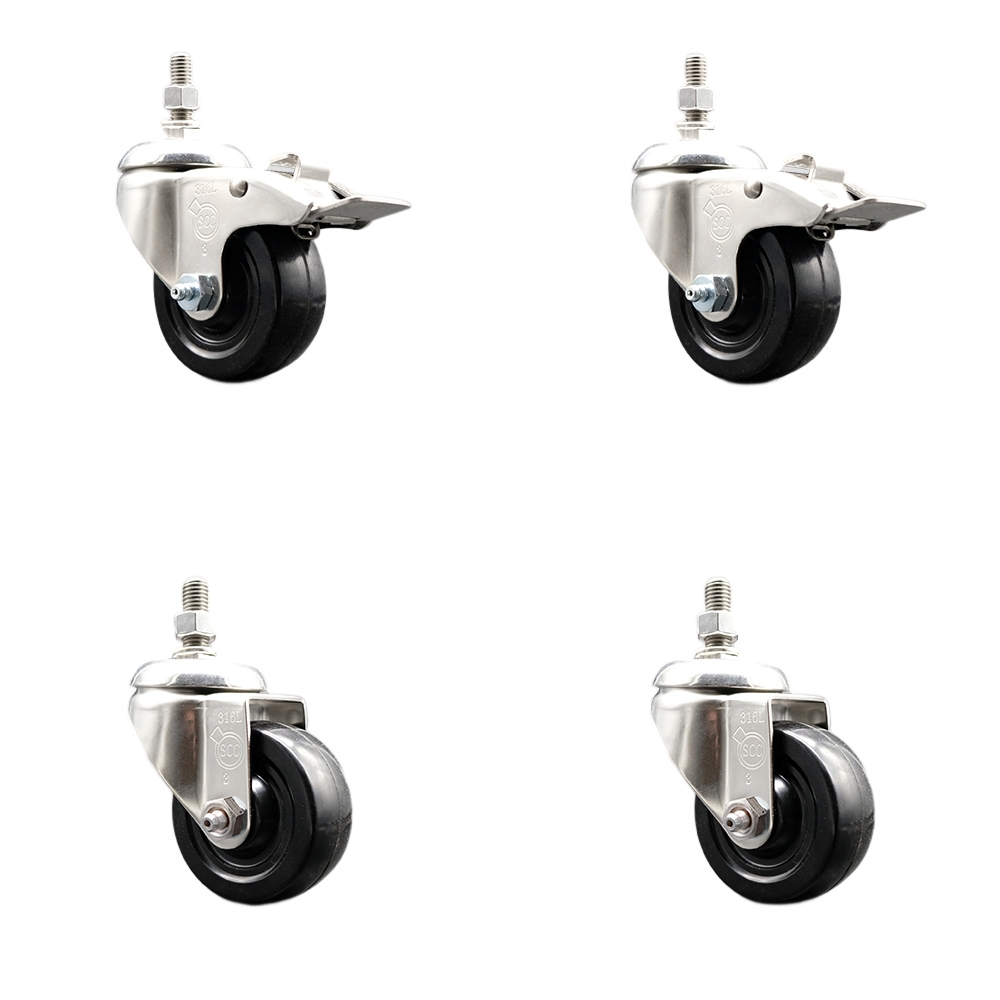 Soft Rubber Swivel Stem Caster with 3.5 in. Caster Wheels 0.5 in. Threaded Stems 316 Stainless Steel Casters - Set of 4