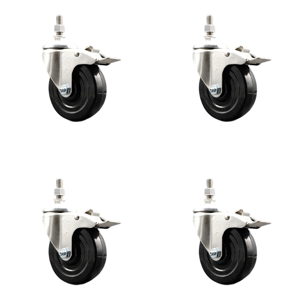 Soft Rubber Swivel Stem Caster with 4 in. Caster Wheels 0.5 in. Threaded Stems 316 Stainless Steel Casters - Set of 4