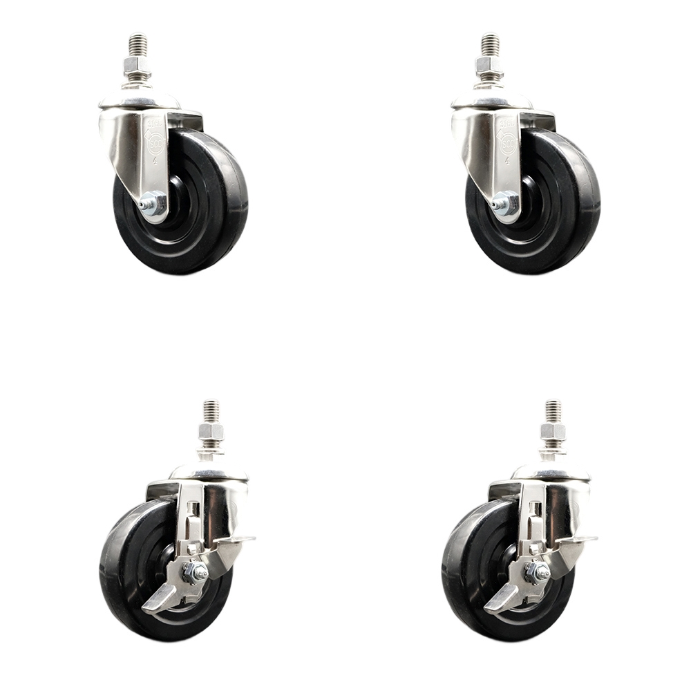 Soft Rubber Swivel Stem Caster with 4 in. Caster Wheels 0.5 in. Threaded Stems 316 Stainless Steel Casters - Set of 4