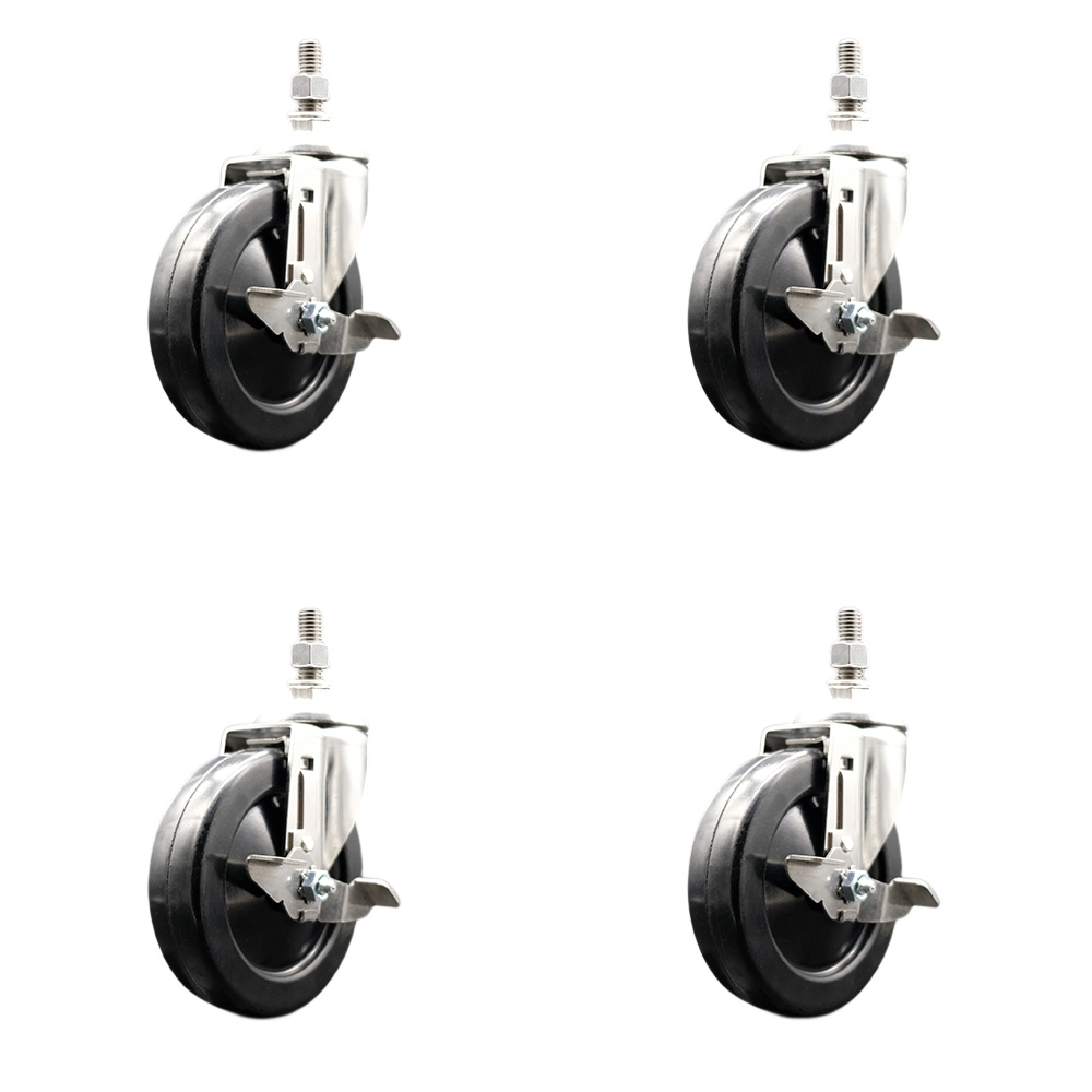Soft Rubber Swivel Stem Caster with 5 in. Caster Wheels 0.5 in. Threaded Stems 316 Stainless Steel Casters - Set of 4