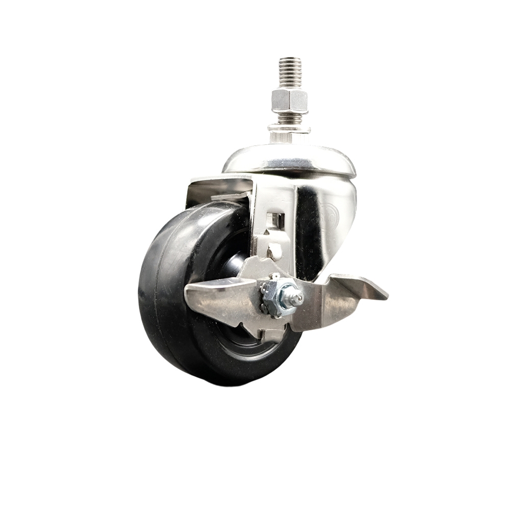 Soft Rubber Swivel Stem Caster with 3.5 in. Black Caster Wheel & Top Lock Brake 12 mm Threaded Stem 316 Stainless Steel Caster