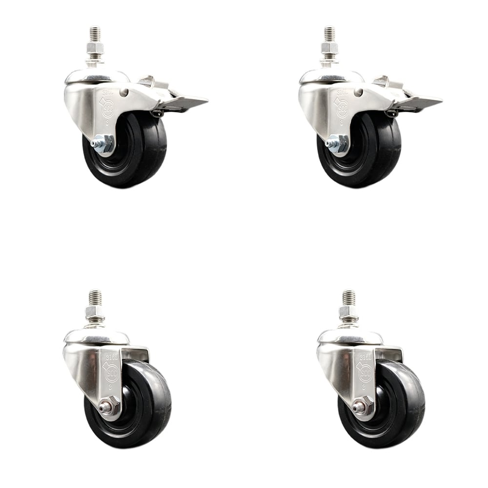 Soft Rubber Swivel Stem Caster with 3.5 in. Caster Wheels12 mm Threaded Stems 316 Stainless Steel Casters - Set of 4