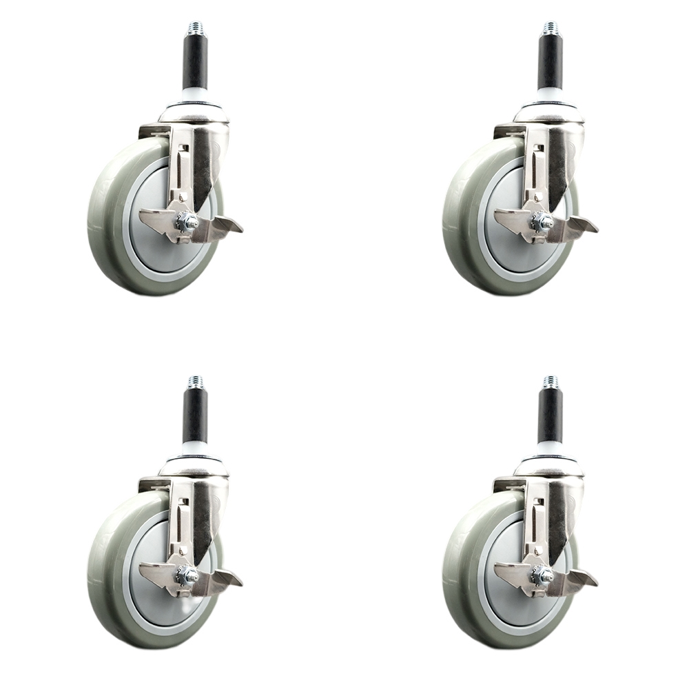 Polyurethane Swivel Stem Caster with 5 in. Gray Caster Wheels, 0.75 in. Expanding Stems - 316 Stainless Steel Casters - Set of 4