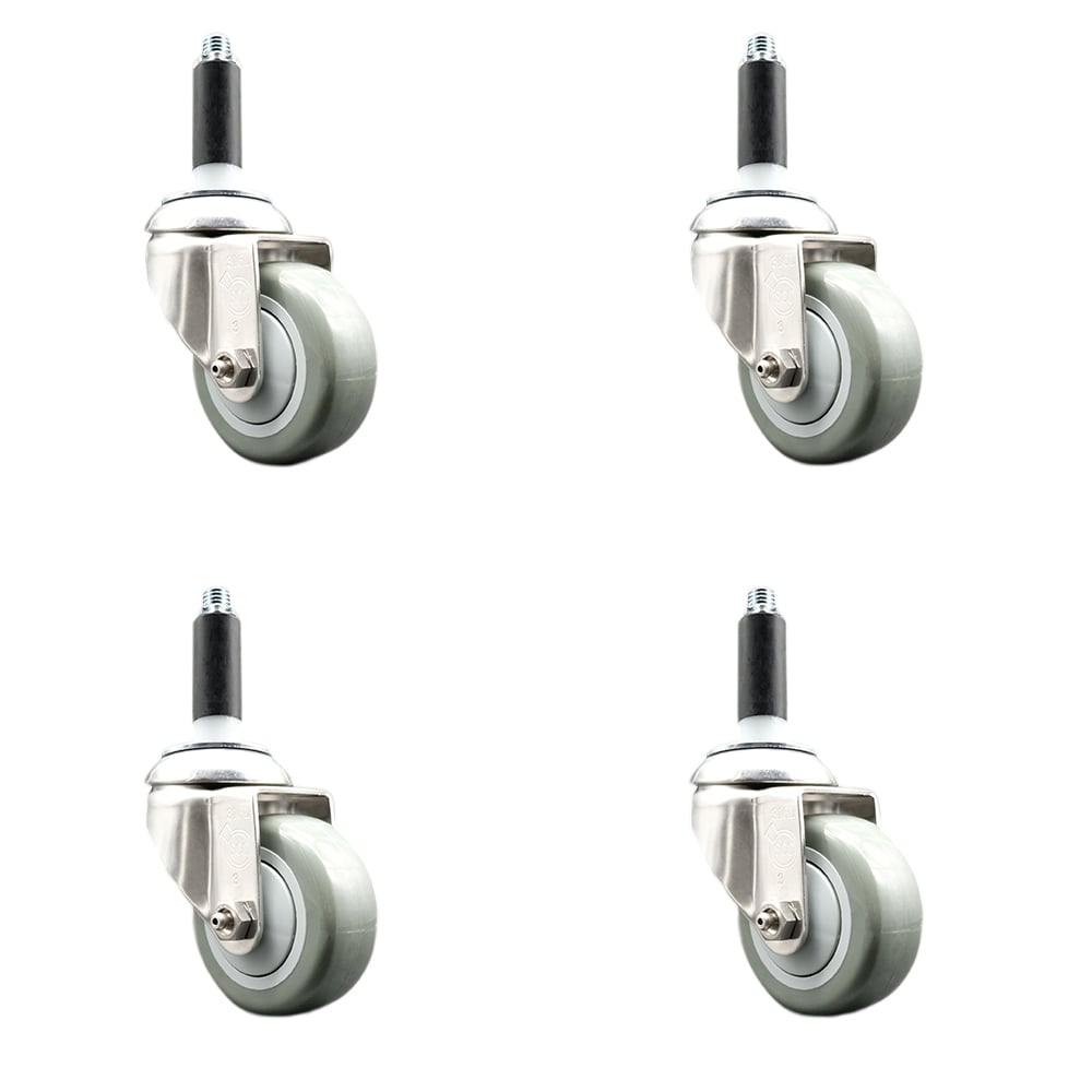 Polyurethane Swivel Stem Caster with 3.5 in. Gray Caster Wheels, 0.87 in. Expanding Stems - 316 Stainless Steel Casters - Set of 4