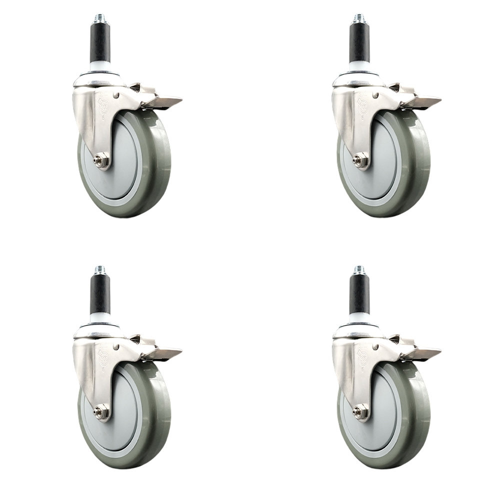 Polyurethane Swivel Stem Caster with 5 in. Gray Caster Wheels, 1 in. Expanding Stems - 316 Stainless Steel Casters - Set of 4