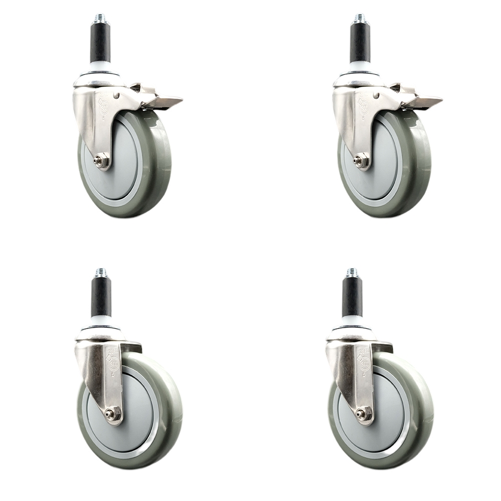 Polyurethane Swivel Stem Caster with 5 in. Gray Caster Wheels, 1 in. Expanding Stem - 316 Stainless Steel Casters - Set of 4