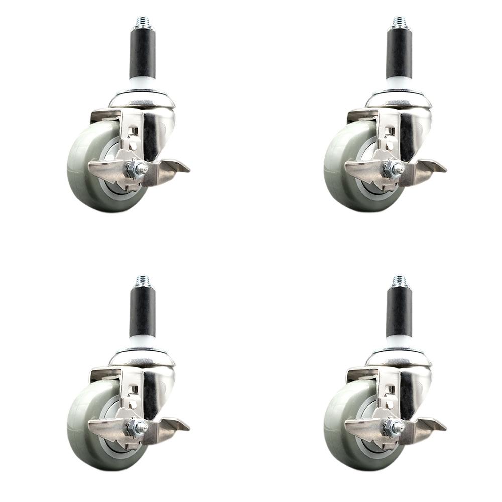 Polyurethane Swivel Stem Caster with 3.5 in. Gray Caster Wheels, 1.13 in. Expanding Stems - 316 Stainless Steel Casters - Set of 4