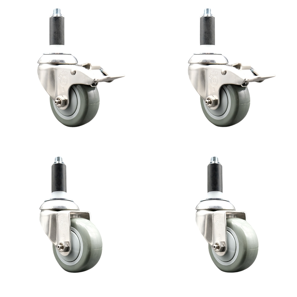 Polyurethane Swivel Stem Caster with 3.5 in. Gray Caster Wheels, 1.13 in. Expanding Stem - 316 Stainless Steel Casters - Set of 4