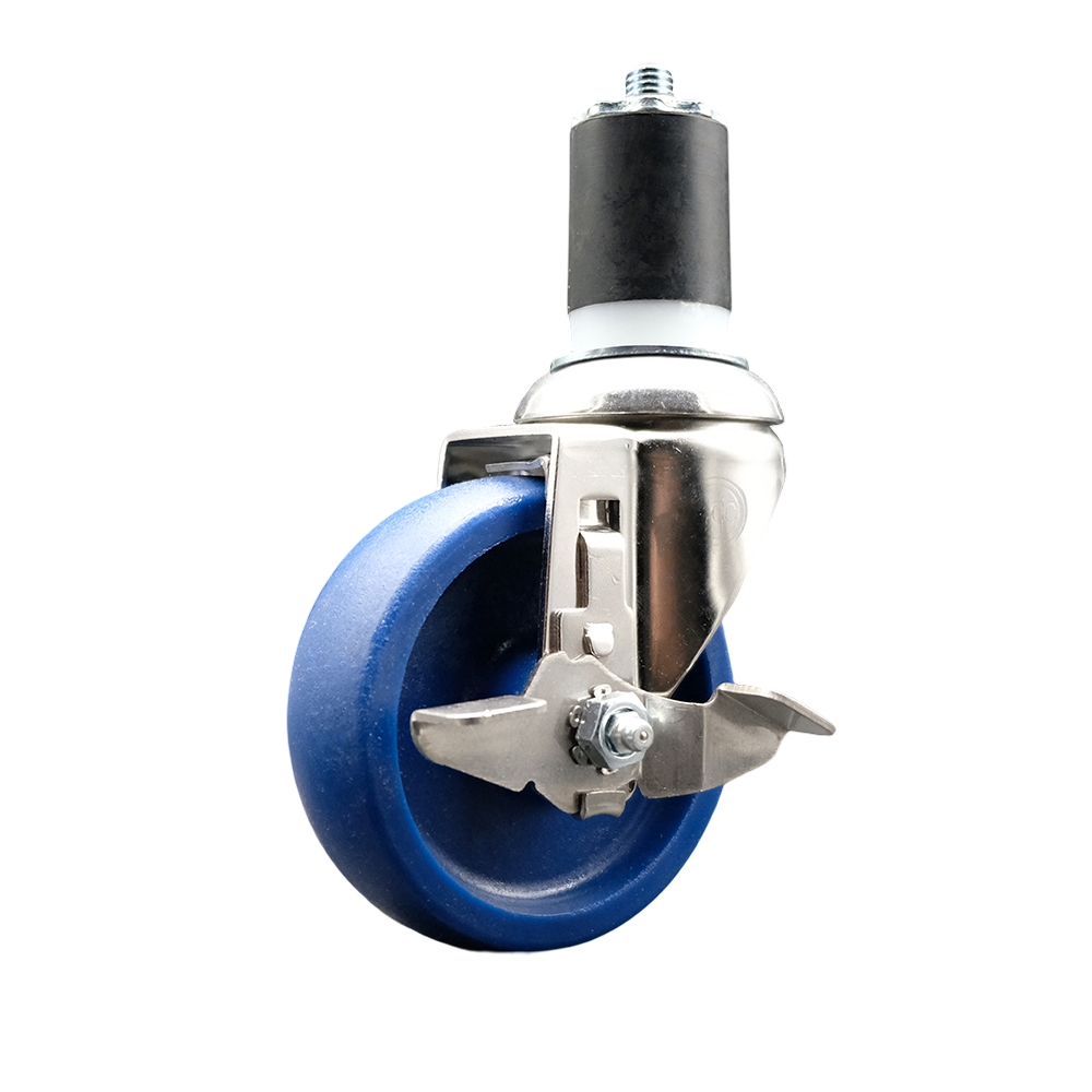 Solid Polyurethane Swivel Stem Caster with 4 in. Blue Caster Wheels & Top Lock Brake, 1.87 in. Expanding Stem - 316 Stainless Steel Caster