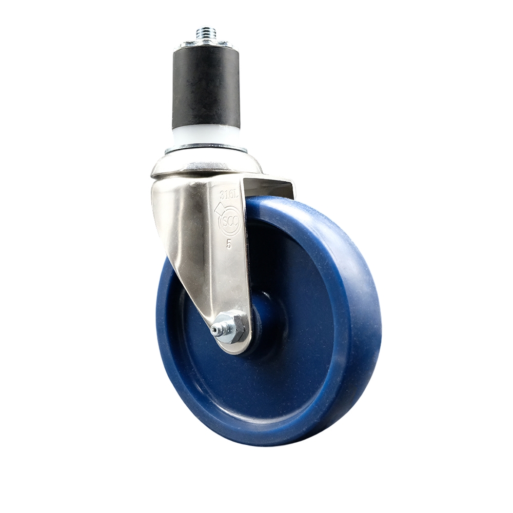 Solid Polyurethane Swivel Stem Caster with 5 in. Blue Caster Wheels, 1.87 in. Expanding Stem - 316 Stainless Steel Caster