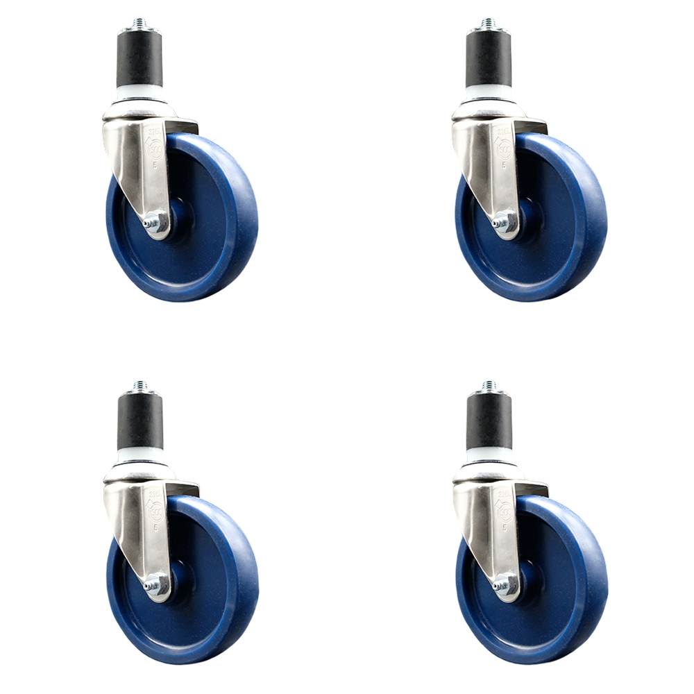 Solid Polyurethane Swivel Stem Caster with 5 in. Blue Caster Wheels, 1.87 in. Expanding Stems - 316 Stainless Steel Casters - Set of 4