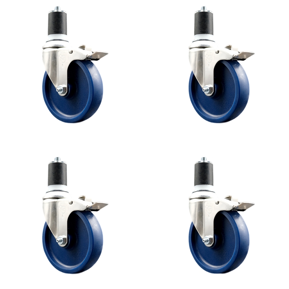 Solid Polyurethane Swivel Stem Caster with 5 in. Blue Caster Wheels, 1.87 in. Expanding Stems - 316 Stainless Steel Casters - Set of 4