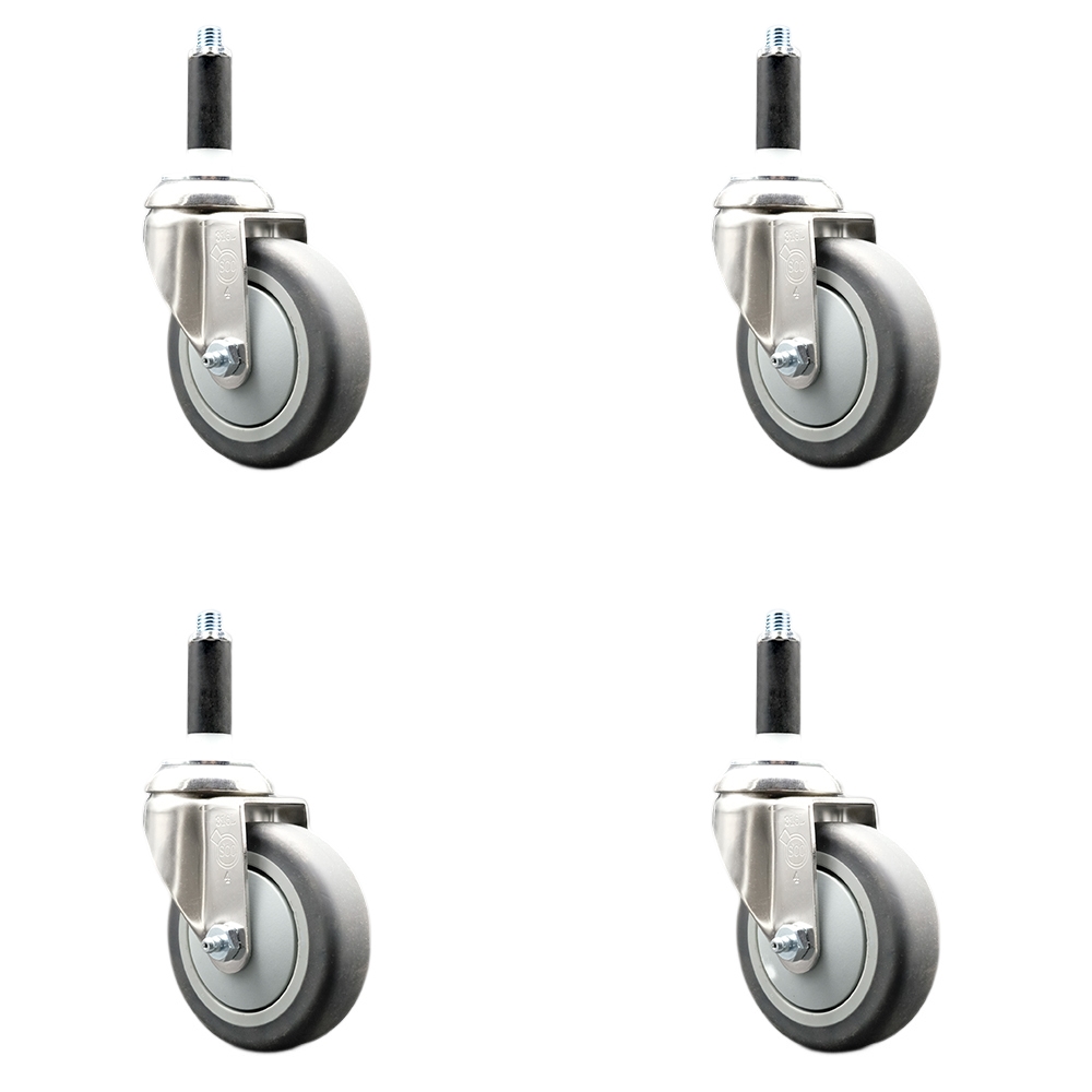 Thermoplastic Rubber Swivel Stem Caster with 4 in. Gray Caster Wheels, 0.75 in. Expanding Stems - 316 Stainless Steel Casters - Set of 4