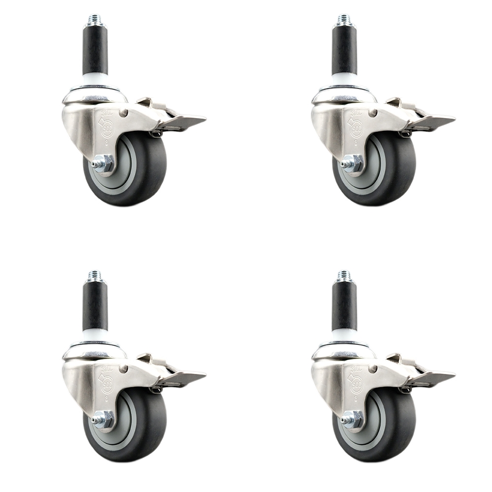 Thermoplastic Rubber Swivel Stem Caster with 3 in. Caster Wheels, 1 in. Expanding Stems - 316 Stainless Steel Casters - Set of 4