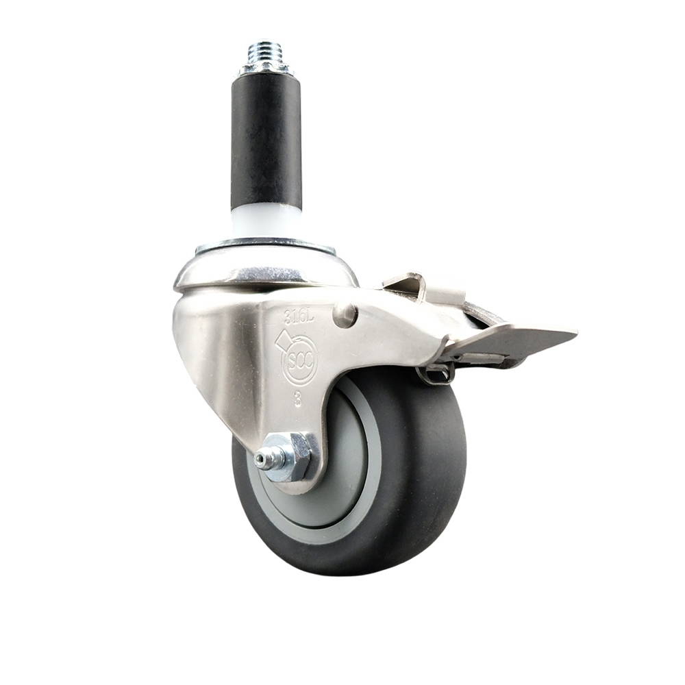 Thermoplastic Rubber Swivel Stem Caster with 3.5 in. Gray Caster Wheel & Total Lock Brake, 1 in. Expanding Stem - 316 Stainless Steel Caster