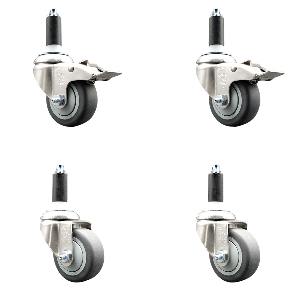 Thermoplastic Rubber Swivel Stem Caster with 3 in. Caster Wheels, 1.13 in. Expanding Stem - 316 Stainless Steel Casters - Set of 4