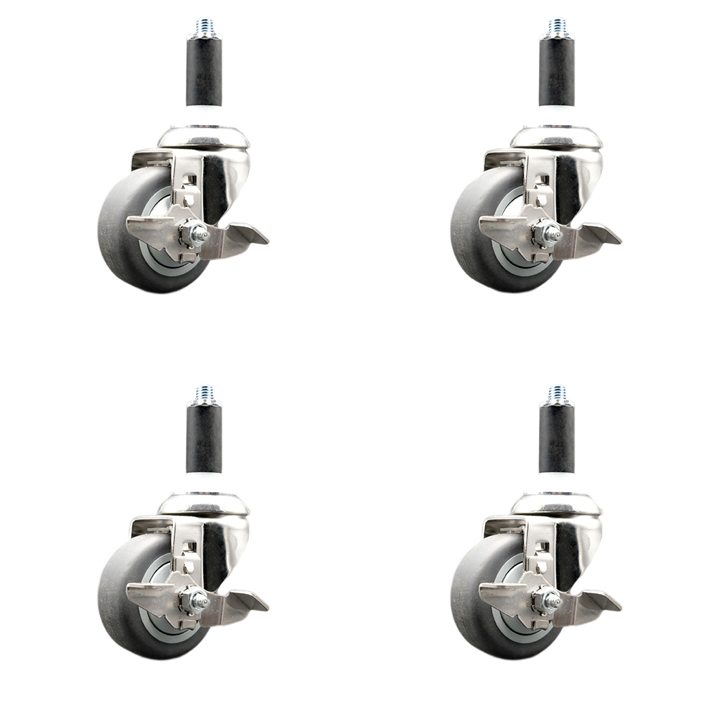 Thermoplastic Rubber Swivel Stem Caster with 3.5 in. Caster Wheels, 1.13 in. Expanding Stems - 316 Stainless Steel Casters - Set of 4