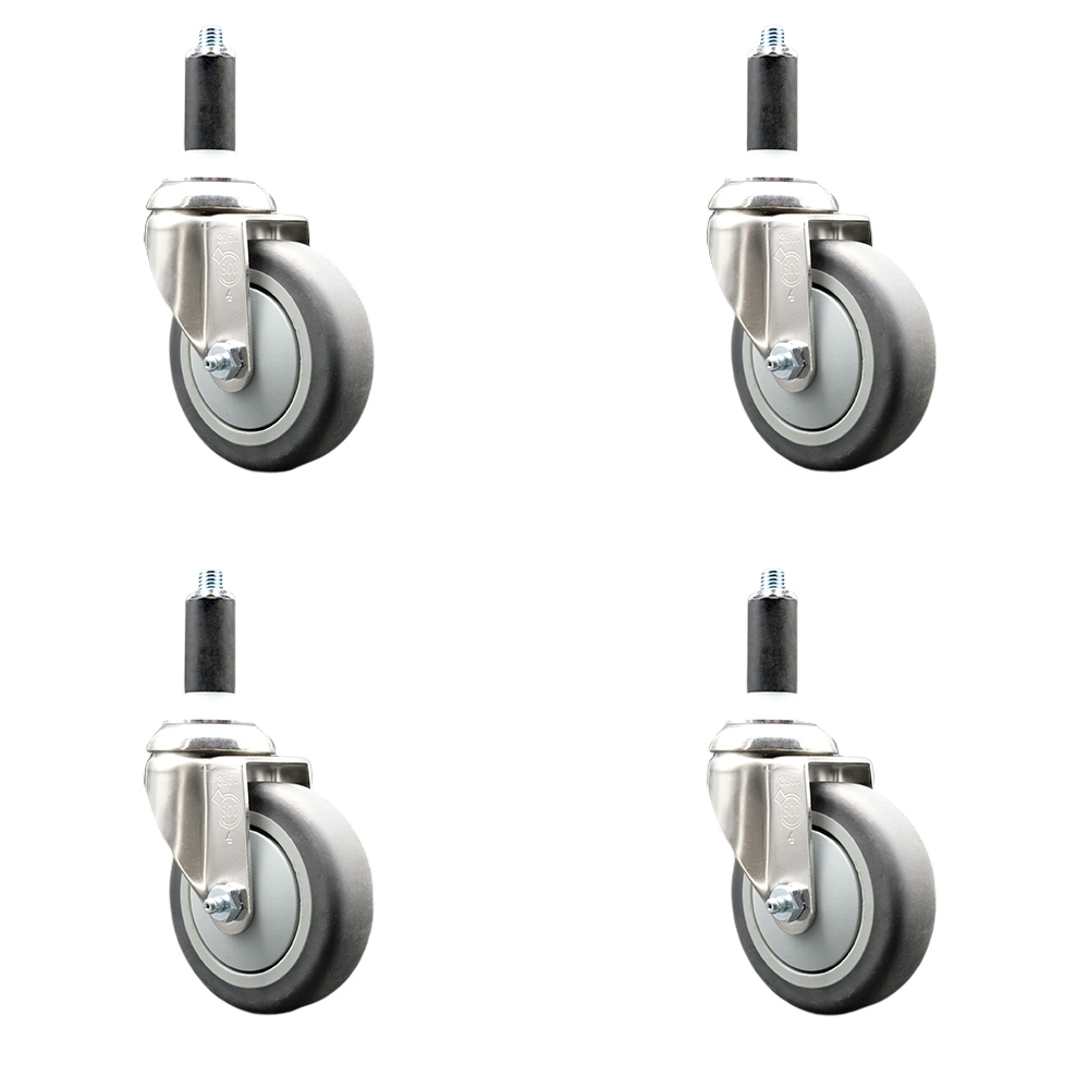 Thermoplastic Rubber Swivel Stem Caster with 4 in. Gray Caster Wheels, 1.13 in. Expanding Stems - 316 Stainless Steel Casters - Set of 4