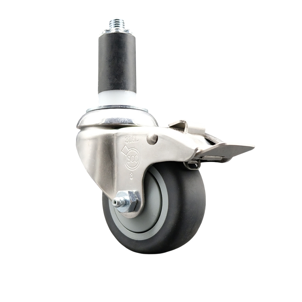 Thermoplastic Rubber Swivel Stem Caster with 3 in. Gray Caster Wheel & Total Lock Brake, 1.25 in. Expanding Stem - 316 Stainless Steel Caster