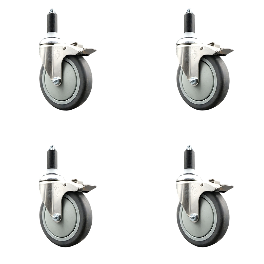 Thermoplastic Rubber Swivel Stem Caster with 5 in. Caster Wheels, 1.25 in. Expanding Stems - 316 Stainless Steel Casters - Set of 4