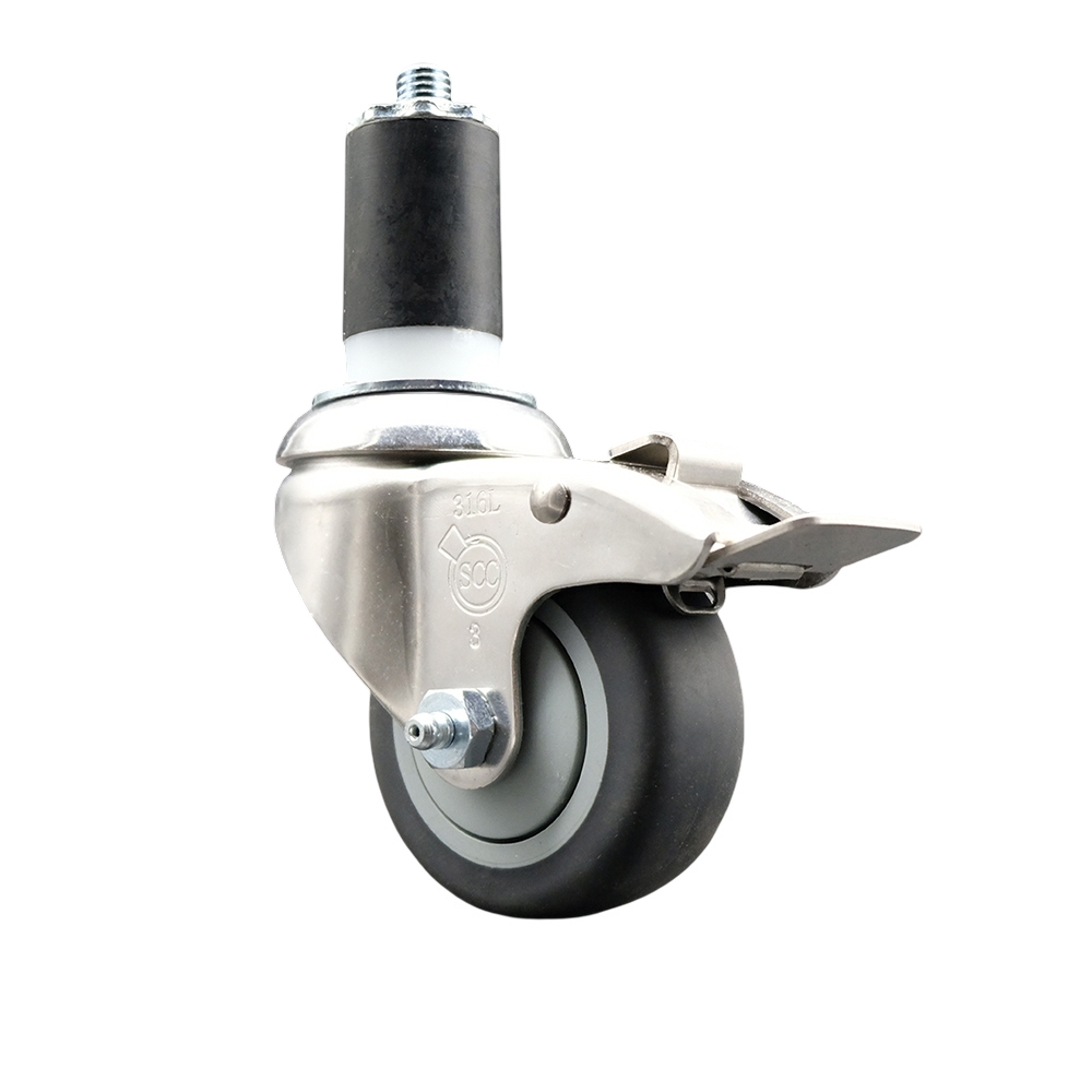 Thermoplastic Rubber Swivel Stem Caster with 3.5 in. Gray Caster Wheel & Total Lock Brake, 1.5 in. Expanding Stem - 316 Stainless Steel Caster