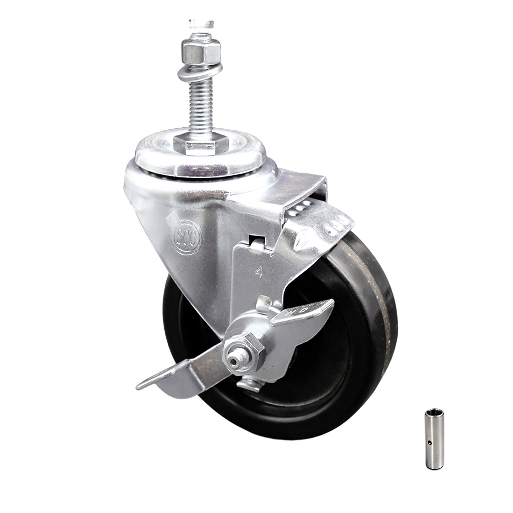 SCC-SSTS20S414-PHS-TLB-M1015 Stainless Steel Phenolic Swivel Threaded Stem Caster with 4 x 1.25 in. Black Wheel & 10 mm Stem & Top Locking Brake