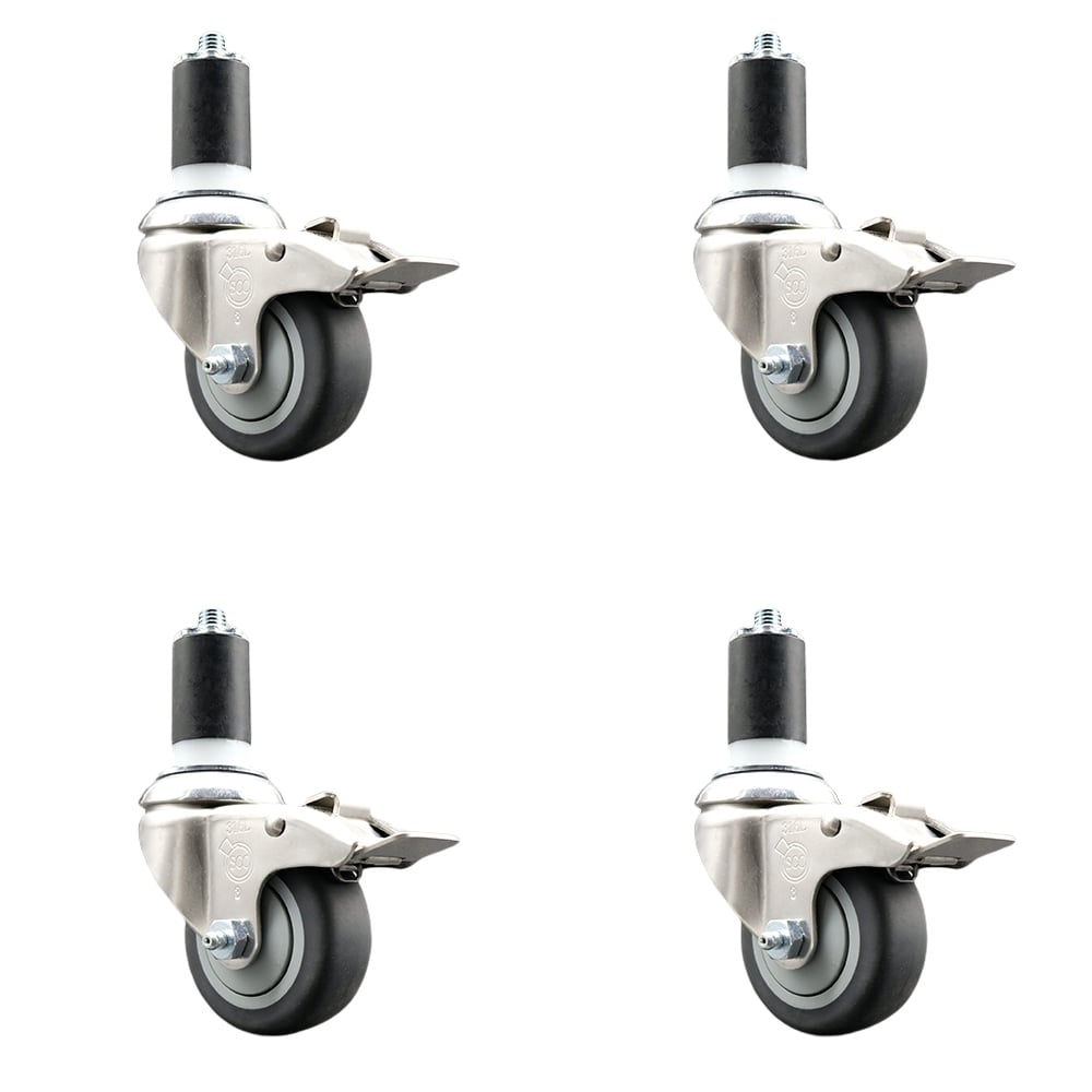 Thermoplastic Rubber Swivel Stem Caster with 3 in. Caster Wheels, 1.63 in. Expanding Stems - 316 Stainless Steel Casters - Set of 4