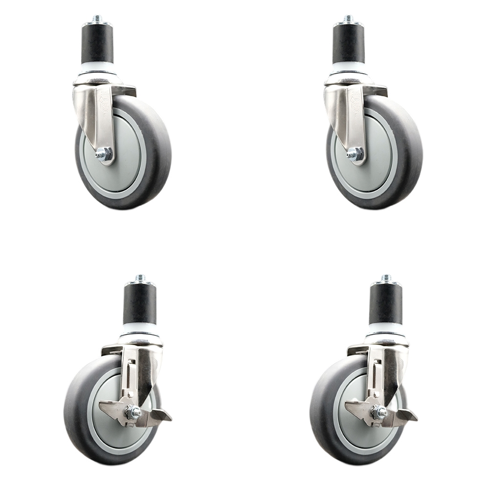 Thermoplastic Rubber Swivel Stem Caster with 5 in. Caster Wheels, 1.75 in. Expanding Stems - 316 Stainless Steel Casters - Set of 4