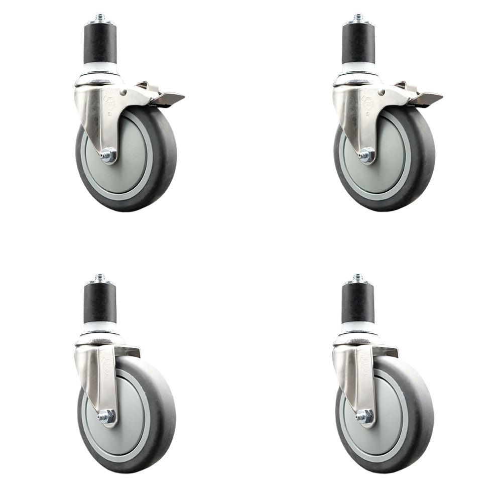 Thermoplastic Rubber Swivel Stem Caster with 5 in. Caster Wheels, 1.75 in. Expanding Stem - 316 Stainless Steel Casters - Set of 4