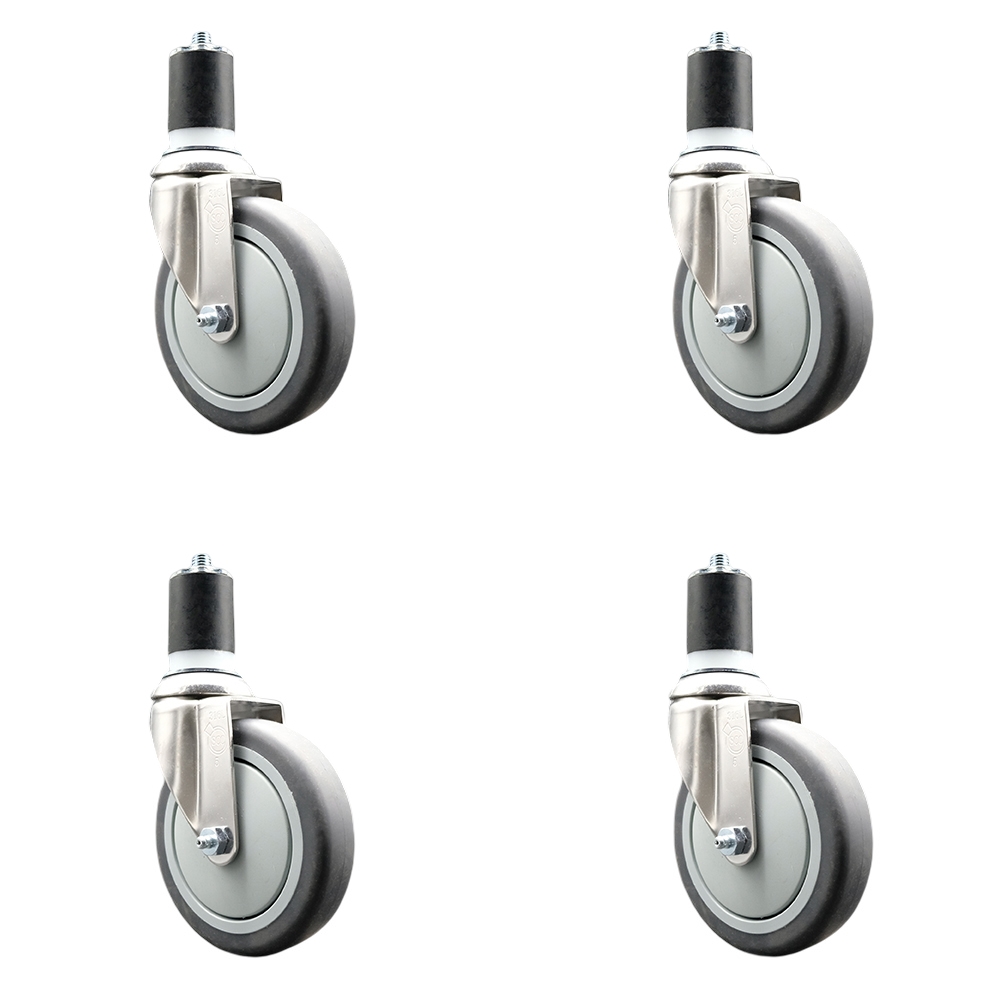 Thermoplastic Rubber Swivel Stem Caster with 5 in. Gray Caster Wheels, 1.87 in. Expanding Stems - 316 Stainless Steel Casters - Set of 4