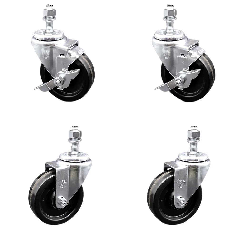 SCC-SSTS20S414-PHS-M1215-2-TLB-2 Stainless Steel Phenolic Swivel Threaded Stem Caster with 4 x 1.25 in. Black Wheels & 12 mm Stems - Set of 4