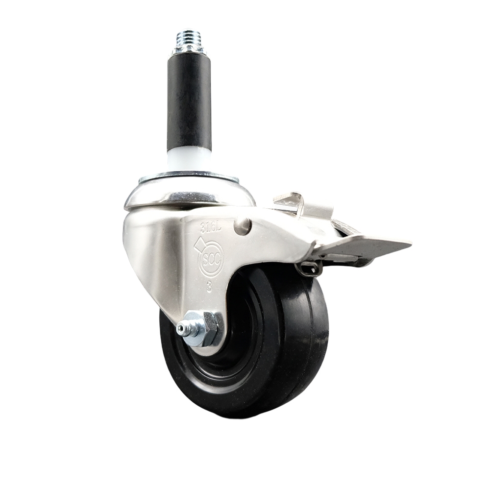 Soft Rubber Swivel Stem Caster with 3 in. Black Caster Wheel & Total Lock Brake 0.75 in. Expanding Stem 316 Stainless Steel Caster