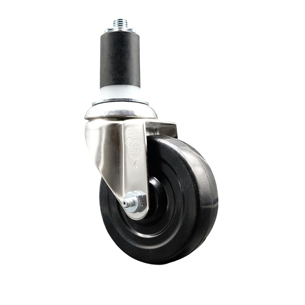 SCC-SS316EX20S414-SRS-158 Soft Rubber Swivel Stem Caster with 4 in. Black Caster Wheel 1.63 in. Expanding Stem 316 Stainless Steel Caster