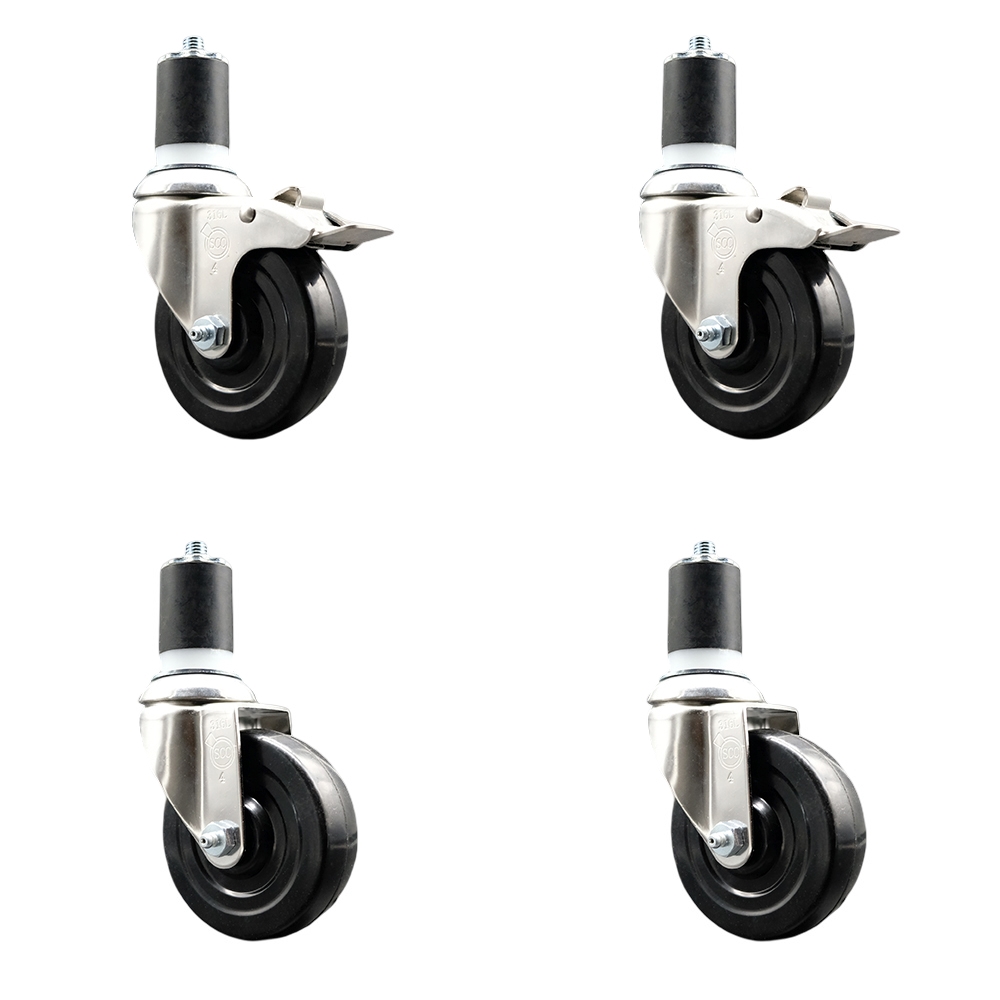 Soft Rubber Swivel Stem Caster with 4 in. Caster Wheels 1.75 in. Expanding Stem 316 Stainless Steel Casters - Set of 4