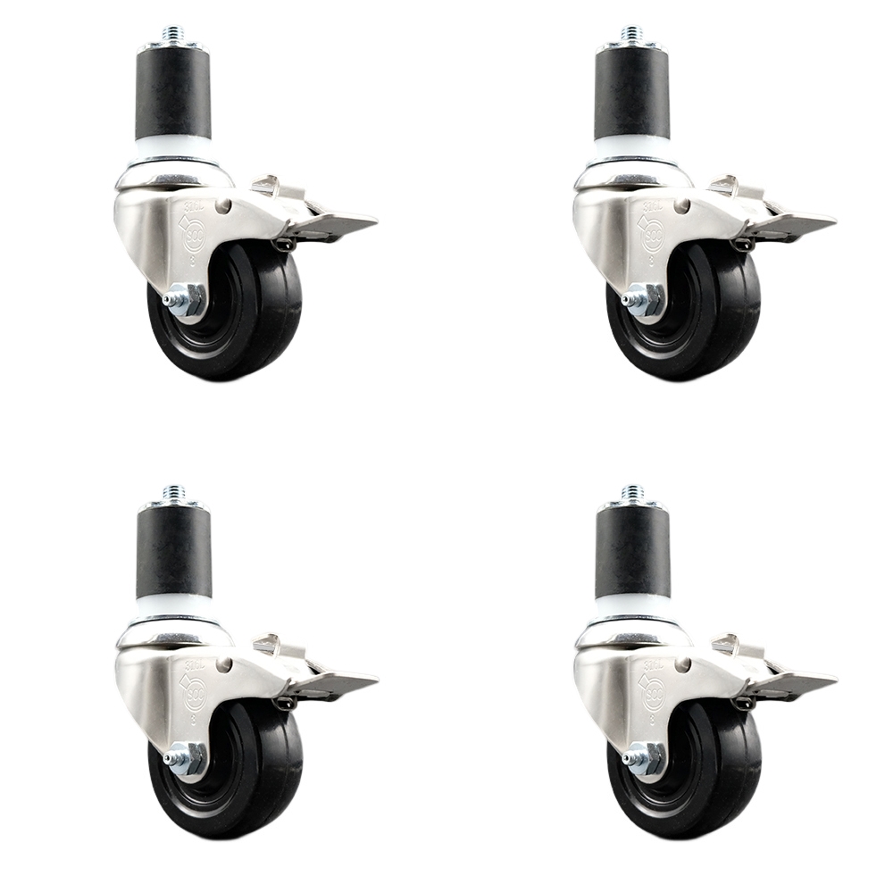 Soft Rubber Swivel Stem Caster with 3 in. Caster Wheels 1.87 in. Expanding Stems 316 Stainless Steel Casters - Set of 4