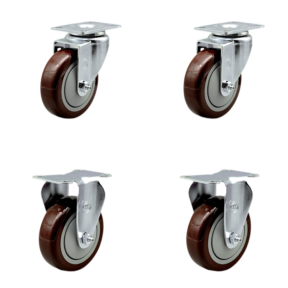 Swivel Caster with 2 Rigid, Casters, 4 in. Maroon Polyurethane Wheel - 3.13 x 4.13 in. Overall Top Plate - Set of 4