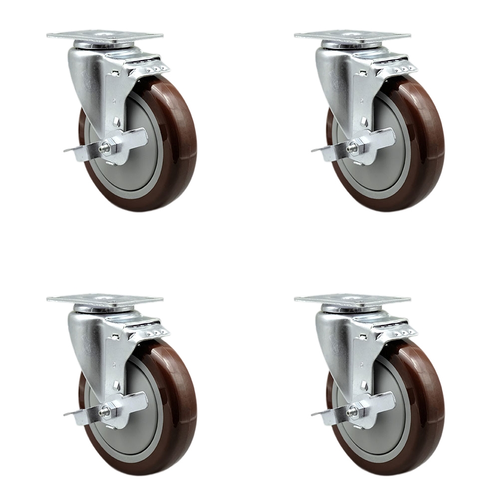 SCC-20S514-PPUB-MRN-TLB-TP2-4 Swivel Caster with Brakes & 5 in. Maroon Polyurethane Wheel - 3.13 x 4.13 in. Overall Top Plate - Set of 4