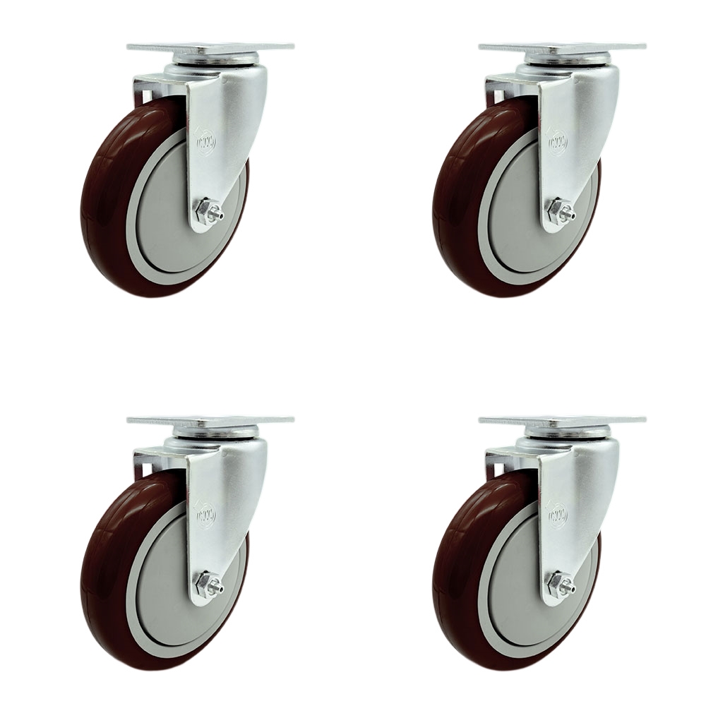 SCC-20S514-PPUB-MRN-TP3-4 Swivel Caster with 5 in. Maroon Polyurethane Wheel - 4 x 4.5 in. Overall Top Plate - Set of 4