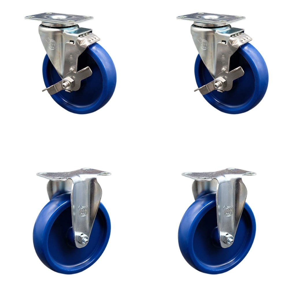 Swivel Caster with 2 Brakes & 2 Rigid, 5 in. Solid Polyurethane Wheel - 3.13 x 4.13 in. Overall Top Plate - Set of 4