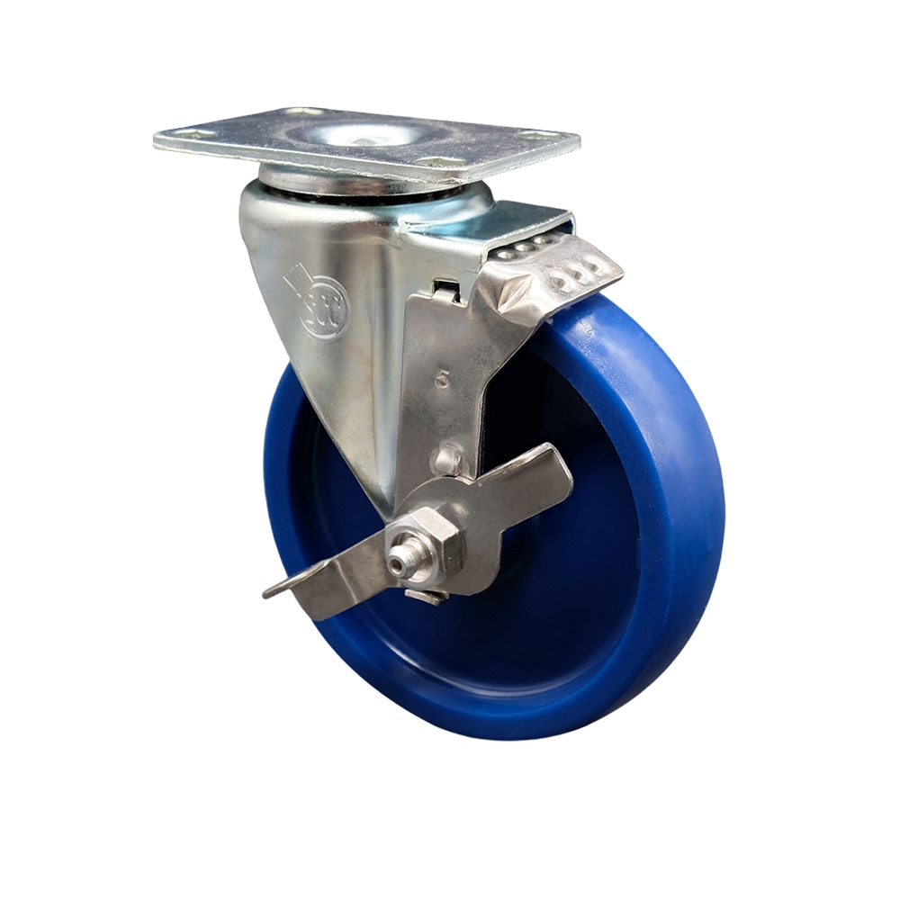 SCC-20S514-SPUS-TLB-TP3 Swivel Caster with Top Lock Brake & 5 in. Solid Polyurethane Wheel - 4 x 4.5 in. Overall Top Plate
