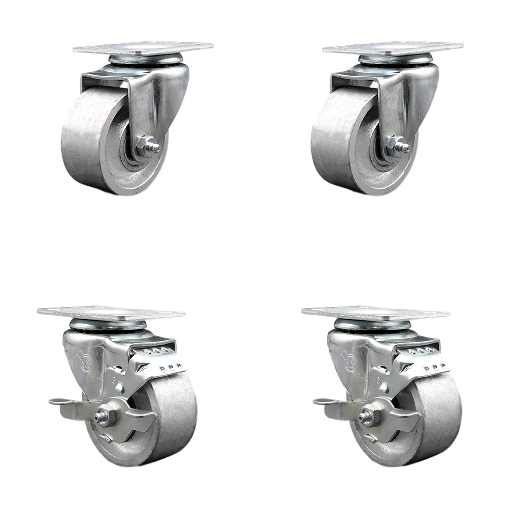 SCC-20S314-SSS-TP3-2-TLB-2 Swivel Caster with 2 Brakes, 3 in. Semi Steel Cast Iron Wheel - 4 x 4.5 in. Overall Top Plate - Set of 4