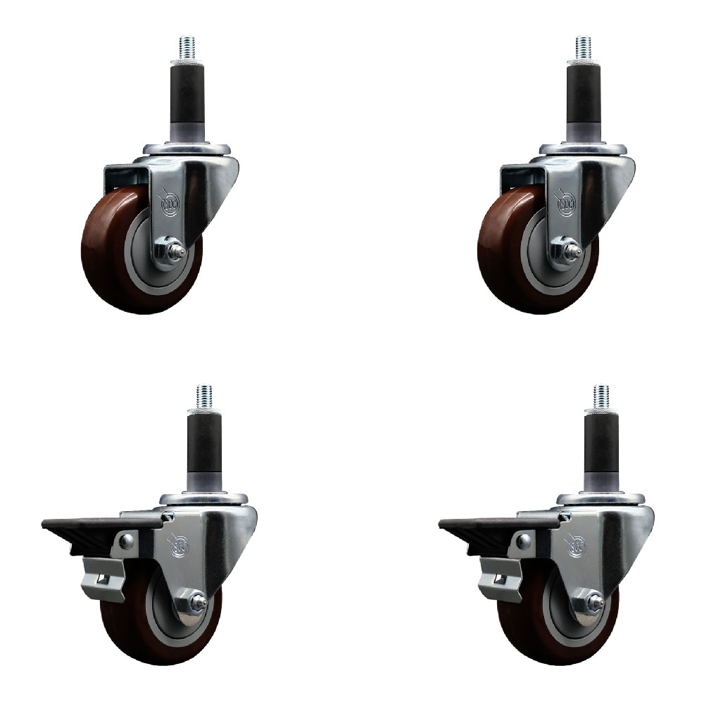 SCC-EX20S314-PPUB-MRN-2-PLB-2-118 Polyurethane Swivel Expanding Stem Caster with 3 in. Maroon Wheels & 1.13 in. Stems - Set of 4