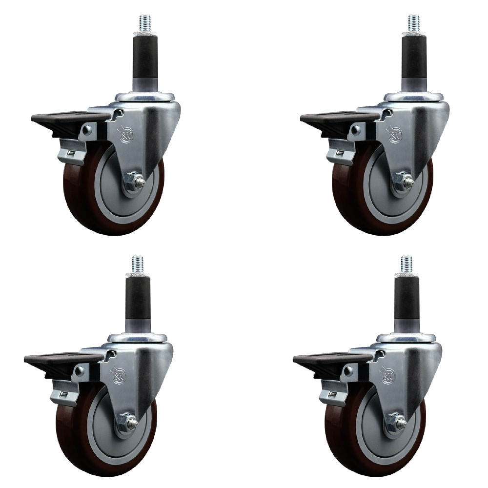 SCC-EX20S414-PPUB-MRN-PLB-118-4 Polyurethane Swivel Expanding Stem Caster with 4 in. Maroon Wheels & 1.13 in. Stems - Set of 4