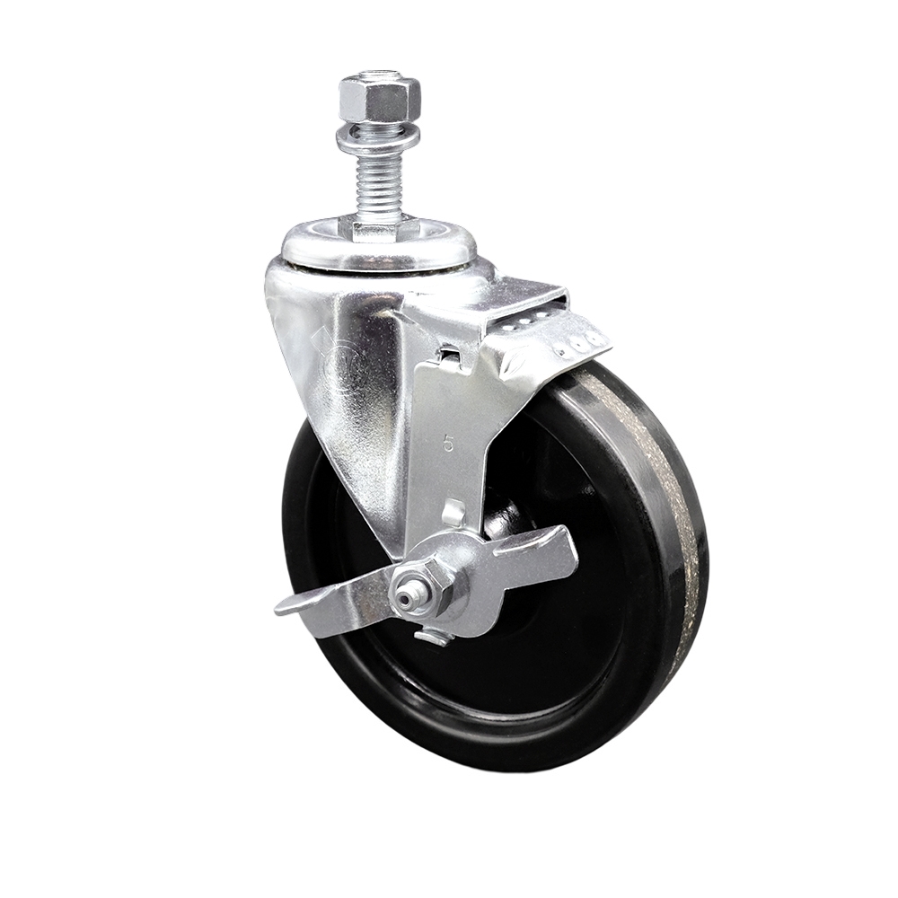 SCC-SSTS20S514-PHS-TLB-M1215 Stainless Steel Phenolic Swivel Threaded Stem Caster with 5 x 1.25 in. Black Wheel & 12 mm Stem & Top Locking Brake