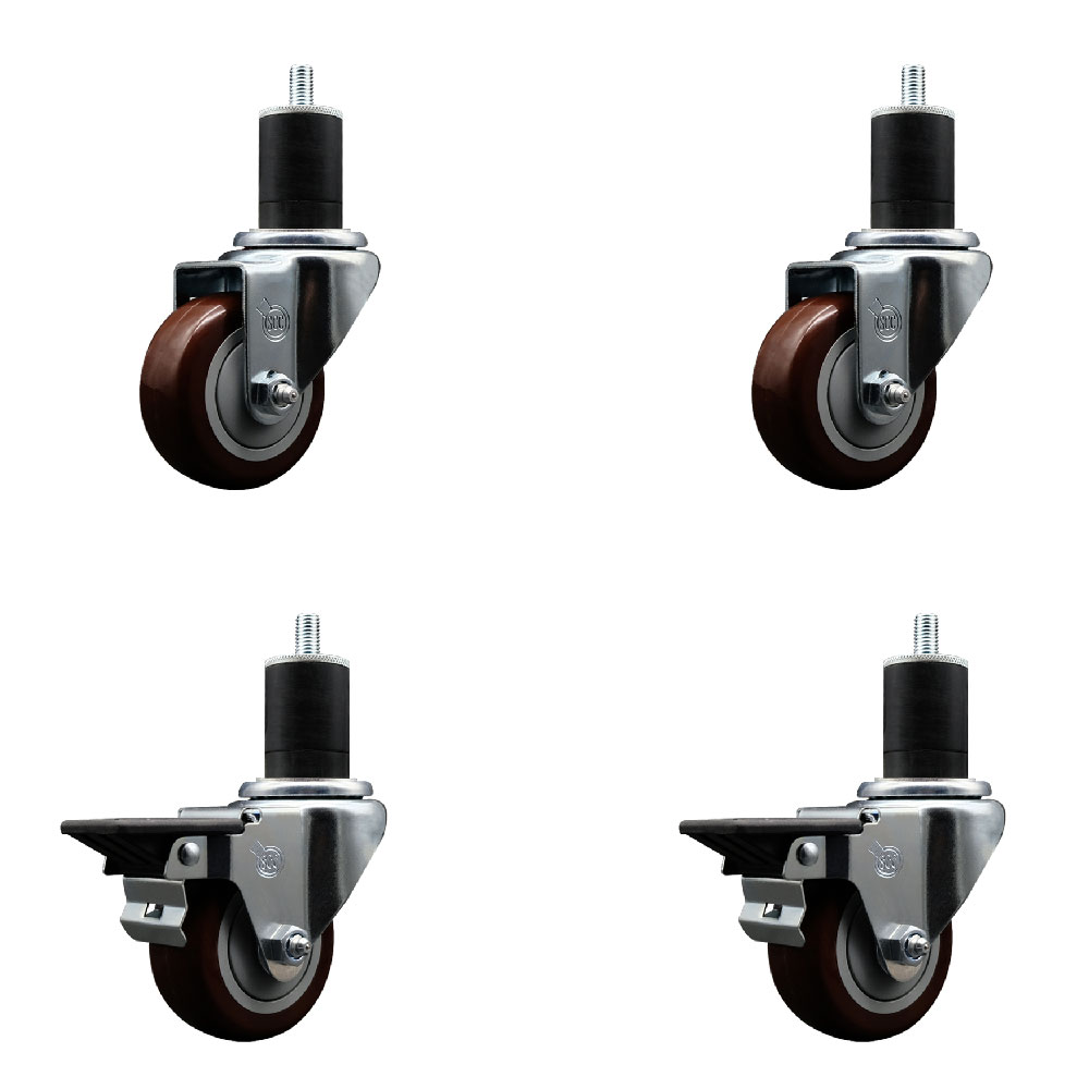 SCC-EX20S314-PPUB-MRN-2-PLB-2-134 Polyurethane Swivel Expanding Stem Caster with 3 in. Maroon Wheels & 1.75 in. Stems - Set of 4