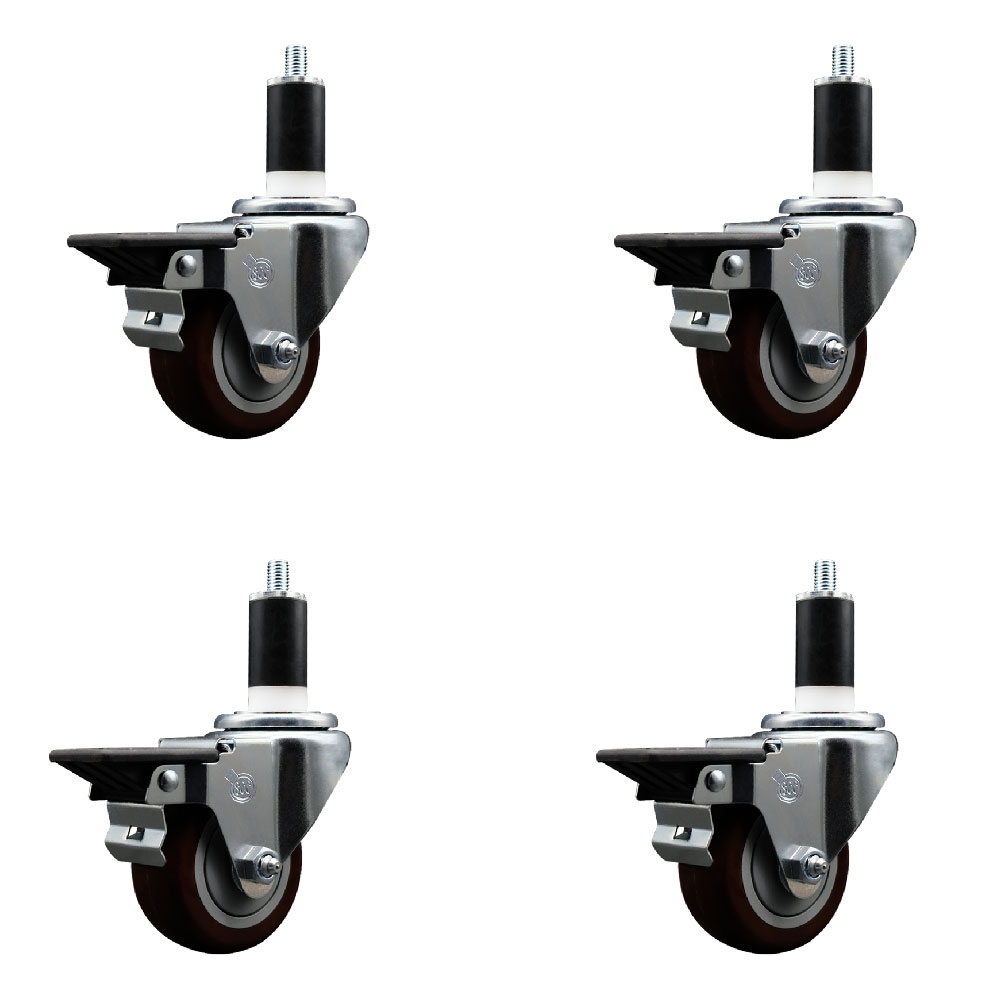 SCC-EX20S314-PPUB-MRN-PLB-138-4 Polyurethane Swivel Expanding Stem Caster with 3 in. Maroon Wheels & 1.38 in. Stems - Set of 4